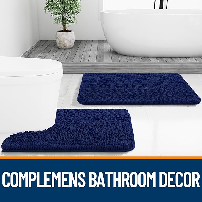 OLANLY Bathroom Rugs 34x21, Extra Soft Absorbent Chenille Bath Rugs, Rubber Backing Quick Dry, Machine Washable Bath Mats for Bathroom Floor, Tub and Shower, Home Decor Accessories, Navy