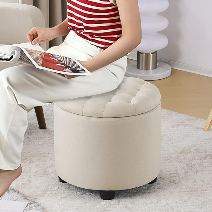 Furniliving Modern Round Storage Ottoman,Button Tufted Ottoman Foot Stools Ottoman Footstool with Removable Lid Storage Ottoman for Living Room, Bedroom, Makeup Room，Beige