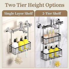 DELLAN 2-Tier Shower Hanging Caddy, Shower Rack with Hooks Over the Door, Stainless Steel Hanging Orangizer and Basket (Black)