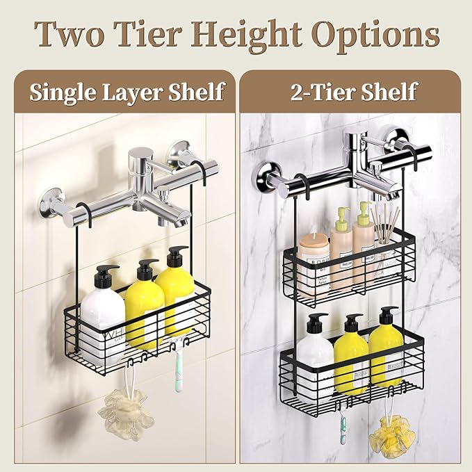 DELLAN 2-Tier Shower Hanging Caddy, Shower Rack with Hooks Over the Door, Stainless Steel Hanging Orangizer and Basket (Black)