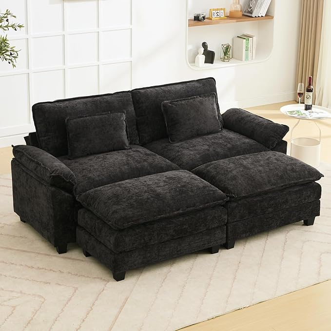 86" Modular Sectional Sofa, Comfy Cloud Couch Sectional Sofa with Ottoman, Chenille Sofa Sleeper Deep Seat Sofa with Throw Pillows for Living Room (Black)