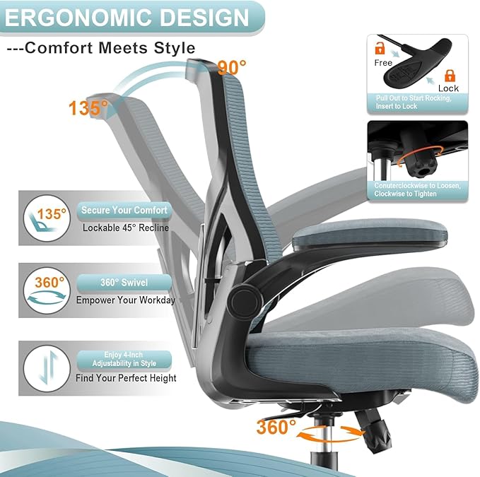 Office Chair, High Back Desk Chair Adjustable Height and Ergonomic Design Home Office Computer Chair Executive Lumbar Support Padded Flip-up Armrest