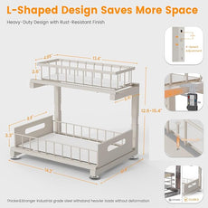 2 Pack Under Sink Organizer, Heavy Duty Metal Slide Out Sink Shelf Organizer Height Adjustable, Multi-Purpose Storage Shelf for Kitchen Bathroom (Sand,2Pack)
