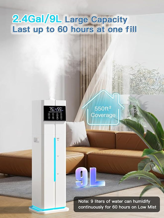 9L/2.4Gal Cool Mist Humidifier, Top Fill Quiet Ultrasonic Humidifiers for Bedroom, Covers 550ft², 60H Runtime, 24H Timer, 7 Colors Light, 4 Mist Modes Humidifier Large Room, Home, Office, White