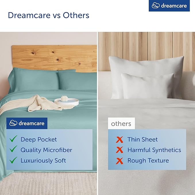 DREAMCARE King Size Sheets Set – 4 pcs Cooling Sheets – up to 21” Deep Pocket King Sheet Set – Hotel Luxury Sheets & Pillowcases – Superior Softness 100% Microfiber with Side Pocket - Spa Blue DREAMCARE
