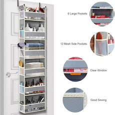 Over The Door Organizer 6-Shelves and 12 Side Pockets, Over The Door Storage for Bathroom Bedroom Nursery, Hanging Door Organizers for Baby Diapers and Kids Toys (13