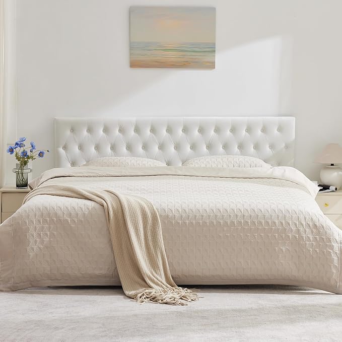 Kingfun Tufted Upholstered Cal King Headboard only in Modern Button Design, Adjustable Solid Wood Head Board, Premium Velvet Fabric Padded Headboards in Bedroom (White)