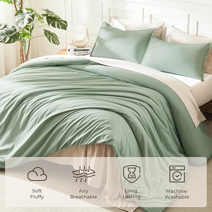 Litanika Comforter Set, Lightweight Solid Bedding Comforter Set, Fluffy Down Alternative Bed Set, Sage Green, Super King