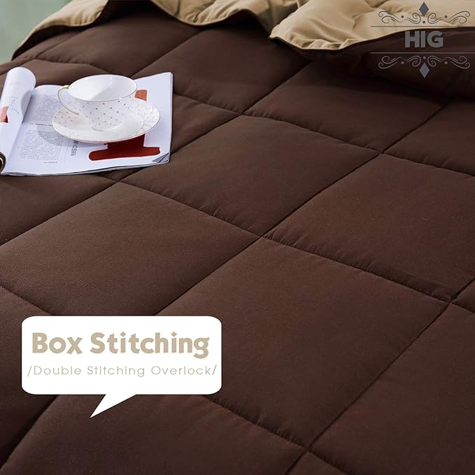 HIG 3pc Down Alternative Comforter Set - All Season Reversible Comforter with Two Shams - Quilted Duvet Insert with Corner Tabs - Box Stitched - Super Soft, Fluffy (King/Cal King, Chocolate)