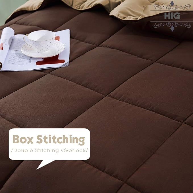 HIG 3pc Down Alternative Comforter Set - All Season Reversible Comforter with Sham - Quilted Duvet Insert with Corner Tabs - Box Stitched - Super Soft, Fluffy (Twin/Twin XL, Chocolate)