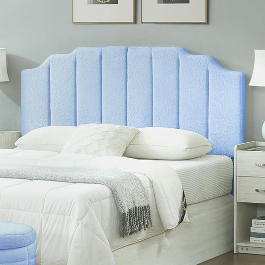 24KF Light Blue Teddy Fabric Tufted for Queen Upholstered Headboard, Modern Vertical Channel Design Full Headboard with Stepped Silhouette Top Edge,6026-Q-Teddy Light Blue