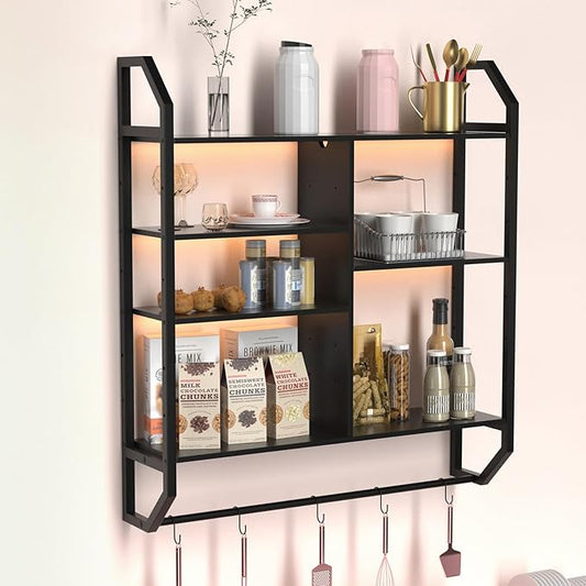 FAHKNS Gaming Floating Shelves, 35" Large LED Wall Shelves with Adjustable Tier, Wall Mounted Bookshelf with Hanging Pipe & 6 Hooks for Bedroom Gaming Room Kitchen Coffee Bar Decor, Black