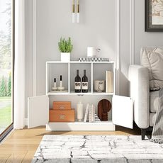 GOFLAME 3 Cube Bookcase with Doors, 3-Tier Cubby Book Shelf with 3 Open Compartments, Cabinet, Wooden Small Display Shelf, Freestanding Cubic Storage Organizer for Living Room, Study (2,White)