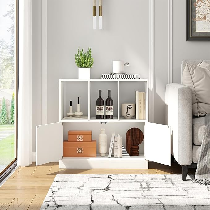 GOFLAME 3 Cube Bookcase with Doors, 3-Tier Cubby Book Shelf with 3 Open Compartments, Cabinet, Wooden Small Display Shelf, Freestanding Cubic Storage Organizer for Living Room, Study (1,White)