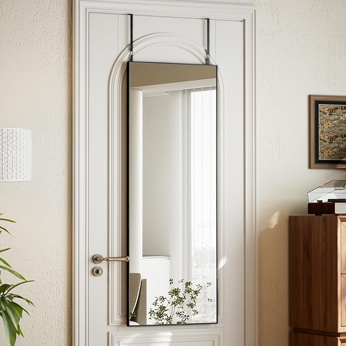 VooBang 14" x 48" Adjustable Height Over The Door Mirror - Rectangular Full Length Hanging Door Mirror with Shatterproof Tempered Glass Black Metal Frame for Dormitory