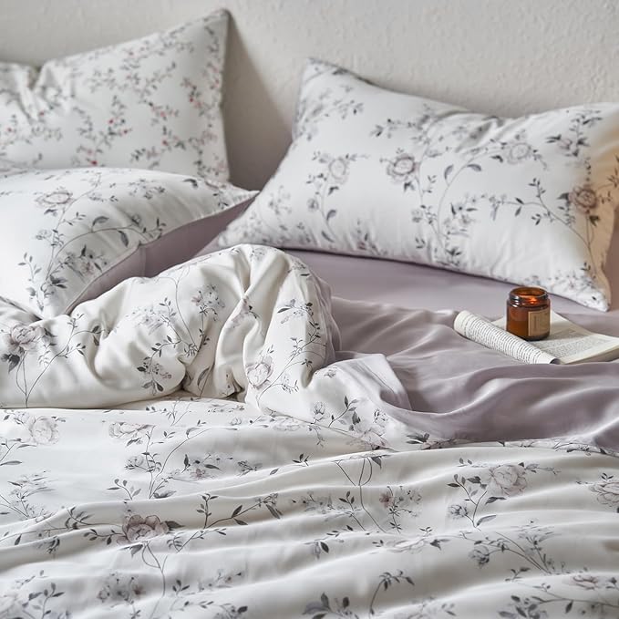 mixinni Elegant Floral Duvet Cover Set Full Size 3 Piece Soft Comfy Naturally Lyocell Vintage Style Purple Flower Leaves Bedding Set 1 Duvet Cover with 2 Pillowcases, Ultra-Breathable-Full Size