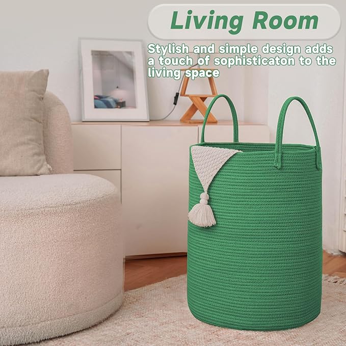 Large Woven Laundry Basket Hamper,100L Cotton Rope Storage Bin for Blankets,Toys and Clothes,Decorative Tall Nursery Hamper for Living Room,Baby Nursery,Bathroom and Bedroom,Dark Green