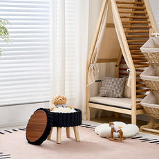 Wimarsbon Storage Ottoman,Soft Faux Fur Footstool with Padded Seat, Small Reading Vanity Chair, Footrest with Wood Tray for Couch, Mini Coffee Table or Display Stand (Black, Round Storage)