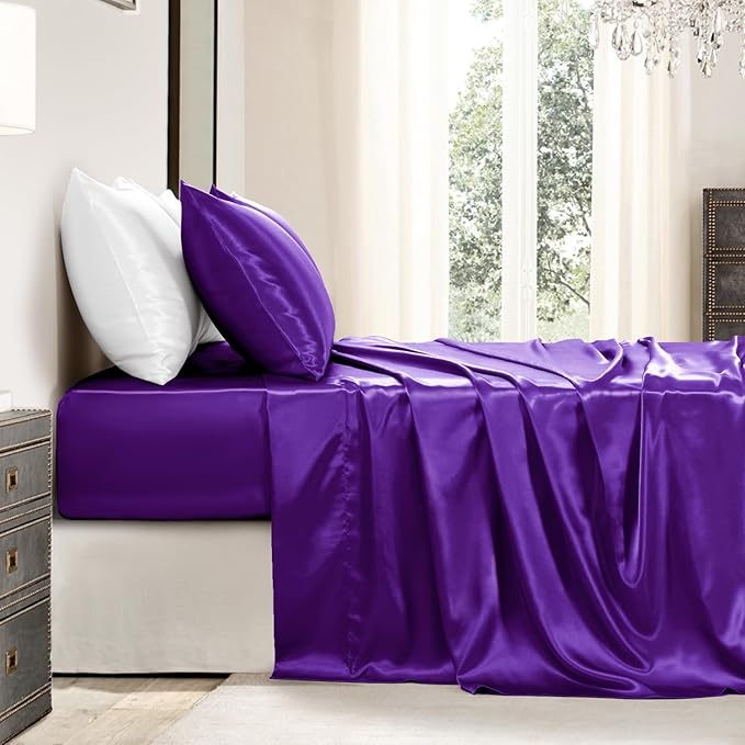 Satin Sheets King Size - 4 Pieces Luxury Silky Soft Bed Sheets, Wrinkle-Free Dark Purple Satin Silk Sheet Set with 1 Deep Pocket Fitted Sheet, 1 Flat Sheet, 2 Pillow Cases