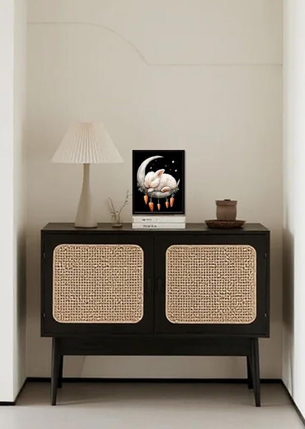 Funny Animal Black And White Wall Art Print Rabbit On The Moon Cute Poster Canvas Art Wall Decor Picture For Bedroom Dorm Bathroom Wall Decor Aesthetic Home Artwork 8" × 10" With Framed
