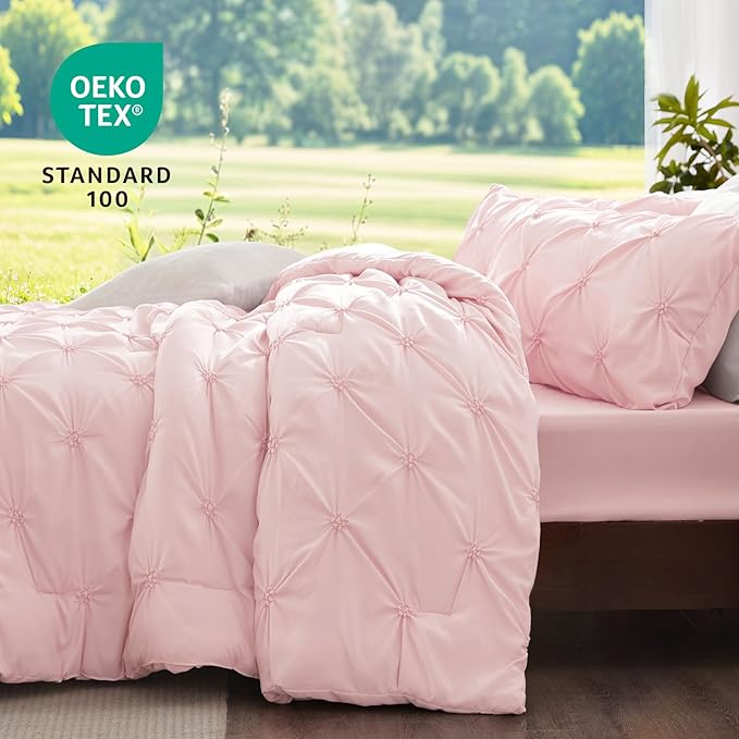 BEDELITE Baby Pink Twin Comforter Set - 2 Peices Boho Pintuck Bedding Comforter Sets, Lightweight Soft & Warm Twin Bedding Sets with 1 Pillowcase for All Season