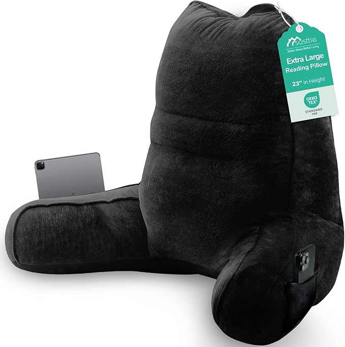 Sasttie Reading Pillow for Bed - 23 Inch, Back Pillow for Bed Sitting Up, Back-Rest Support Cushion with Side Pockets and Arms, Dorm Essentials, Oeko-Tex Certified, Black