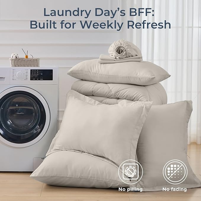 HEVUMYI Oatmeal King Comforter Set - 7-Piece All Season Bed in a Bag King, Ultra Soft Bedding Set with Comforter, Flat Sheet, Fitted Sheet, Pillowcases, Pillow Shams