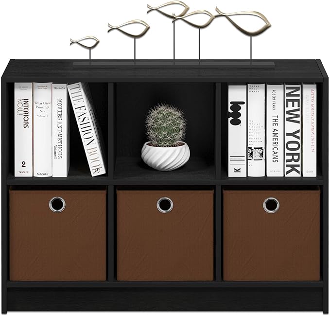Furinno BASIC Book Shelf, 6-Cube Bookshelf, 3 x 2 Bookcase with Storage Bins, 11.9 x 31.6 x 23.6, for Living Room, Bedroom, Home Office, Americano