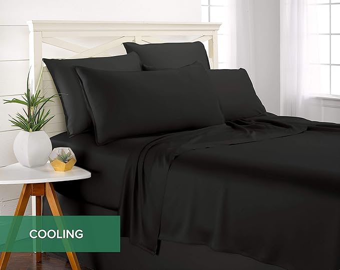Pure Bamboo Split King Sheets, Genuine 100% Organic Viscose Derived from Bamboo Bed Sheet Set, Soft & Cooling, Double Stitching, 2 Fitted Sheets (Split King, Black)
