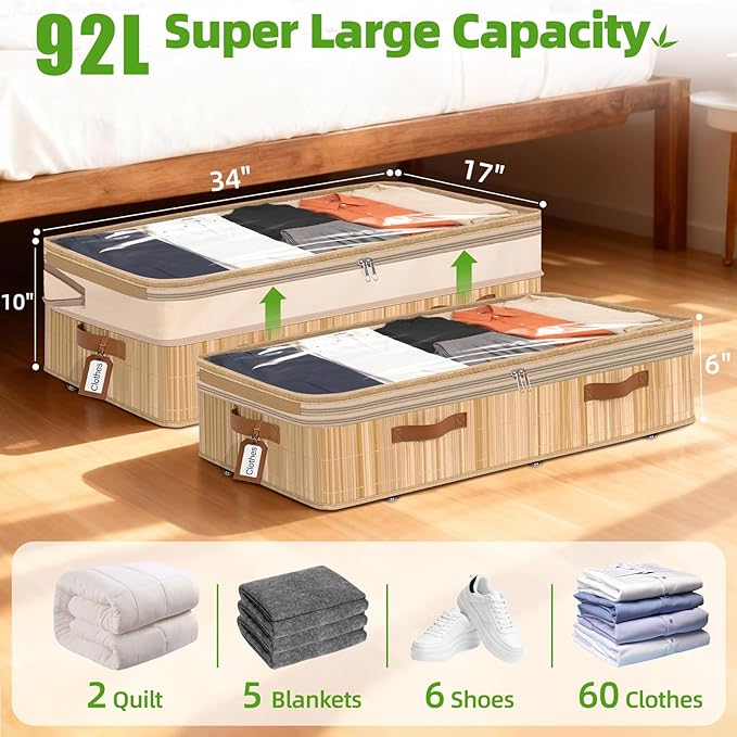 Livole 2 Pack Bamboo Under Bed Storage with Wheels, 6-10 inches Height Adjustable Underbed Storage Containers, 92L XXXL Large Rolling Under Bed Storage Bins for Clothes, Blankets, Sweater, Shoes