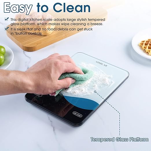 AIMILAR Smart Kitchen Scale - 10kg/22lb Rechargeable Food Scale with Nutritional Calculator, Calorie Counting, Tare Function, USB-C Charging, in g/lb:oz/oz/ml, LED Display, Tempered Glass