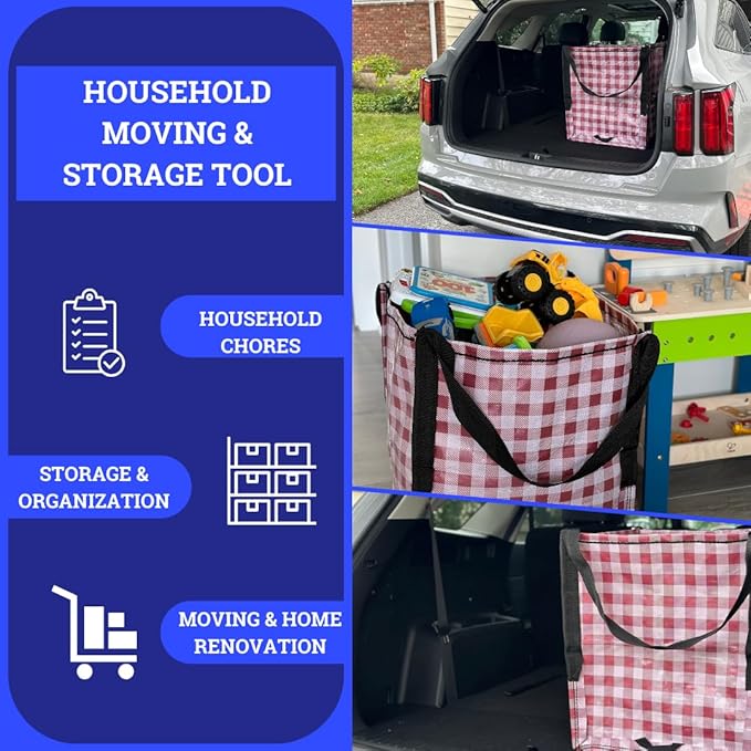 DURASACK Heavy Duty Storage Tote Bag 22-Gallon Rugged Woven Polypropylene Moving Bag, Reusable Self-Standing Design, Holds up to 500 Pounds, Pack of 4, Gingham Red