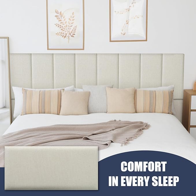 12 Piece Linen Fabric Peel and Stick Headboard, Upholstered Wall Mounted Headboard for Twin, 3D Anti-Collision Soundproof Self-Adhesive Wall Panel for Bedroom 23.62" x 9.84"