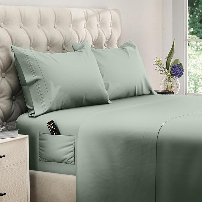 DREAMCARE Full Size Sheets Set - 4 Pcs Cooling Bed Sheets with Up to 15" Deep Pockets - Soft, Long-Lasting 100% Brushed Polyester with Side Pocket (Sage Green) DREAMCARE