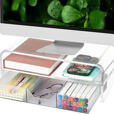 OPNICE Acrylic Clear Desk Organizers and Accessories, 2-Tier Computer Monitor Stand Riser with Drawer, Laptop Stand, Office Desk Accessories for Office Supplies, Transparent