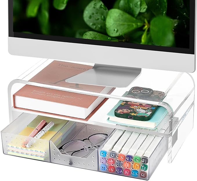 OPNICE Acrylic Clear Desk Organizers and Accessories, 2-Tier Computer Monitor Stand Riser with Drawer, Laptop Stand, Office Desk Accessories for Office Supplies, Transparent