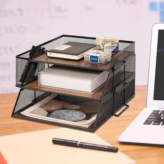 Vintage Wood & Metal Letter Tray， Stackable Desk Organizers Paper Tray， for File Magazines Mail Organizer, Vintage Wood Desk File Organizer with Pen Holder(3 Layer)