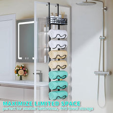 HapiRm Over The Door Towel Rack - 8 Tier Wall Mount Rolled Towel Holder Storage Organizer Shelf with Storage Basket for Small Bathroom, Rv, Camper - Black