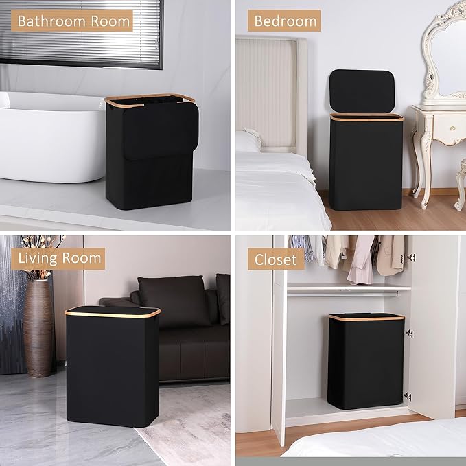 150L Laundry Basket with Lid,Large Laundry Hamper with Bamboo Handles, Hampers for Laundry, Dirty Clothes Hamper with 2 Removable Inner Bags for Clothes Toys Towels,Black
