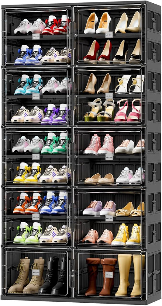 JEKO&JEKO 9 Tiers Foldable Boot Storage Shoe Rack Cabinet for Closet Entryway, Large Collapsible Shoe Organizer with Magnetic Doors (Black)