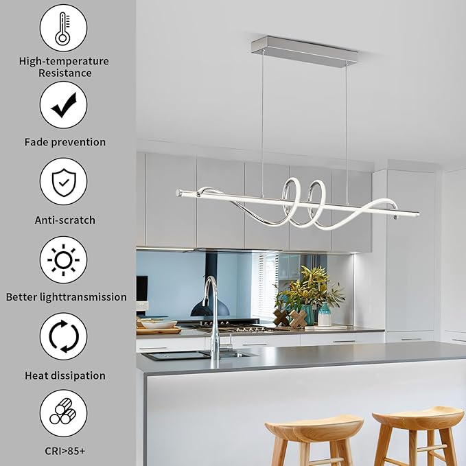 Modern Pendant Light Kitchen Island 47in Dimmable Hanging Lamp 3000k-6000K Adjustable Warm/Nautral/White with Remote Control, Kitchen Island Lighting Chrome Silver
