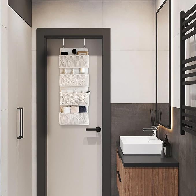 Over the Door Organizer Macrame Boho Nursery Storage with 4 Large Woven Pockets, Hanging Basket for Bathroom, Nursery & Closet Doors, Behind the Door Storage Organizer, Cream White