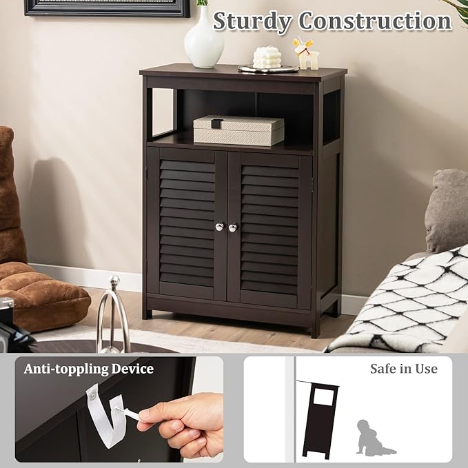 Tangkula Bathroom Floor Cabinet, Wooden Freestanding Storage Cabinet with Double Shutter Door & Adjustable Shelf, Storage Cabinet for Bathroom Living Room (Brown)
