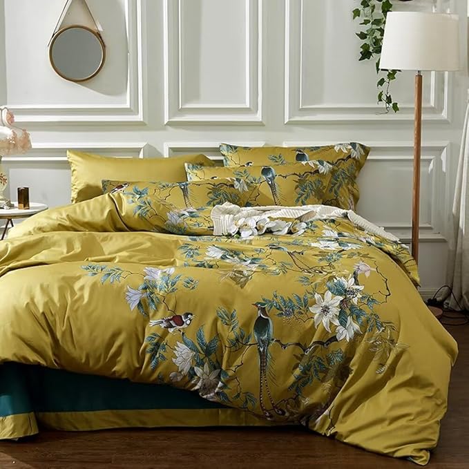 MKXI Vintage Pattern Comforter Set Birds and Flowers Print Cartoon Animal Full Comforter for Kids Cute Jungle Comforters Yellow Quilt Set