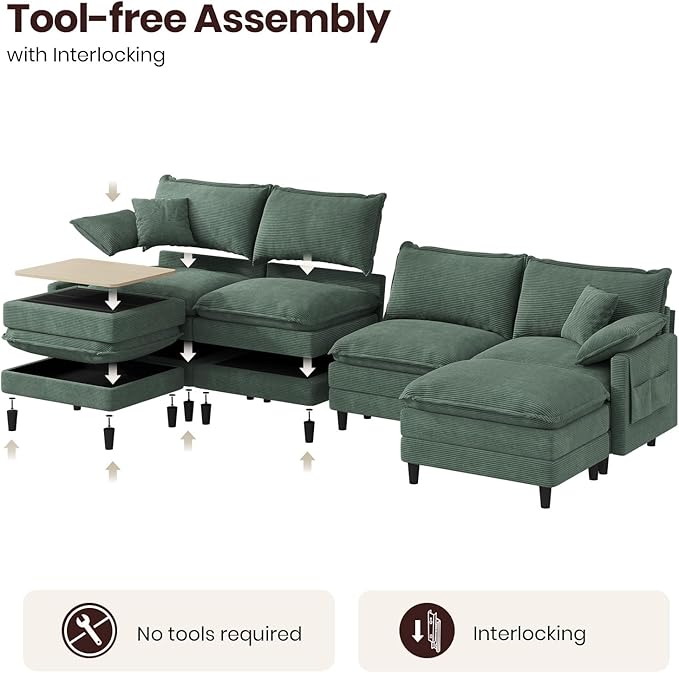 143" U Shaped Modular Sectional Cloud Couch with Two Ottoman, Snap-on Easy Installation 6-Piece Deep Seat Sofa with Storage Bag and Coffee Table for Living Room, Corduroy, Green