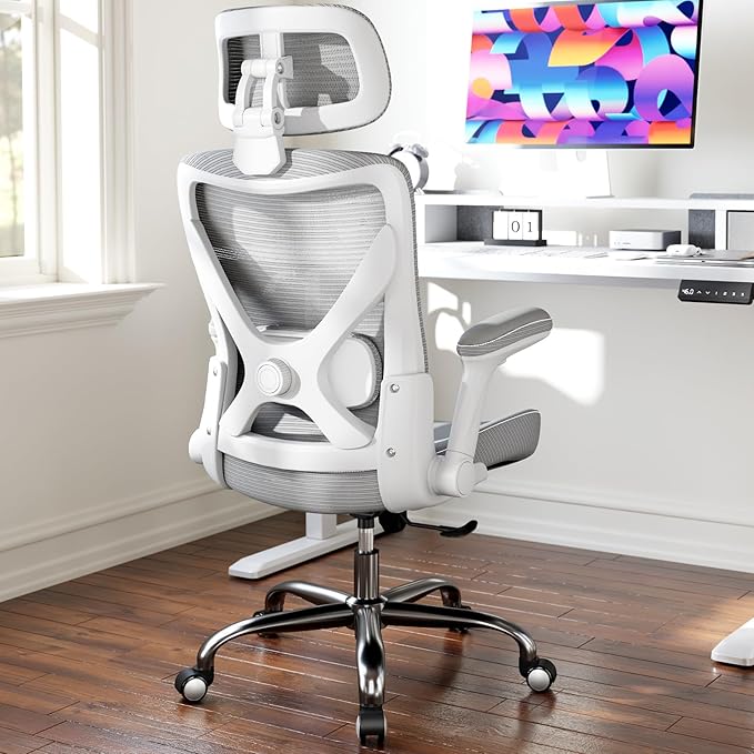 Ergonomic Office Chair-Computer X-Shaped Chair Mesh PU Leather with Adjustable Lumbar Support-Executive Desk Chair High Back with Headrest Flip-Up Arms for Long Hours (White-Grey)