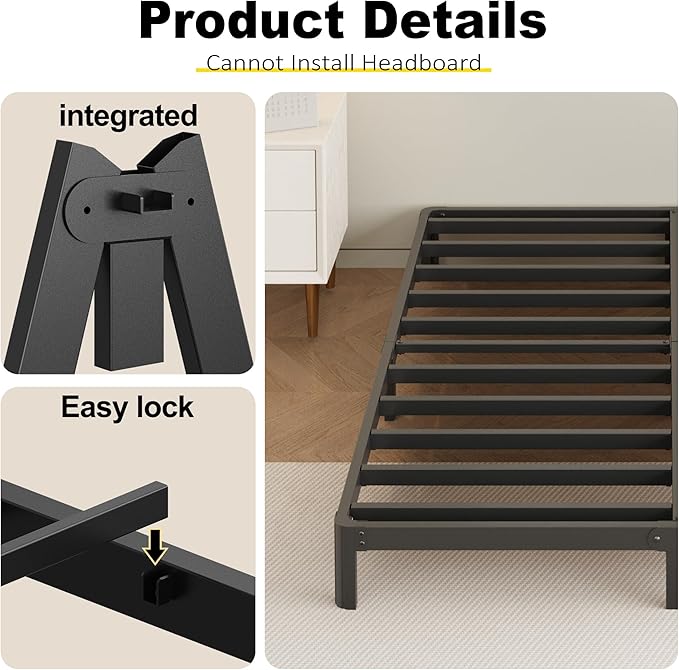 8 Inch King Bed Frame with Rounded Corner Legs Heavy Duty Metal King Size Platform Bed Frame No Box Spring Needed, Easy Assembly, Noise Free, Black.