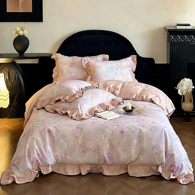 HighBuy Girl Floral Ruffled Duvet Cover Queen,Boho Floral Lace Brushed Cotton Bedding Coquette,Shabby Vintage Duvet Cover Set French Farmhouse Bedding Cooling Breathable for Hot Sleepers
