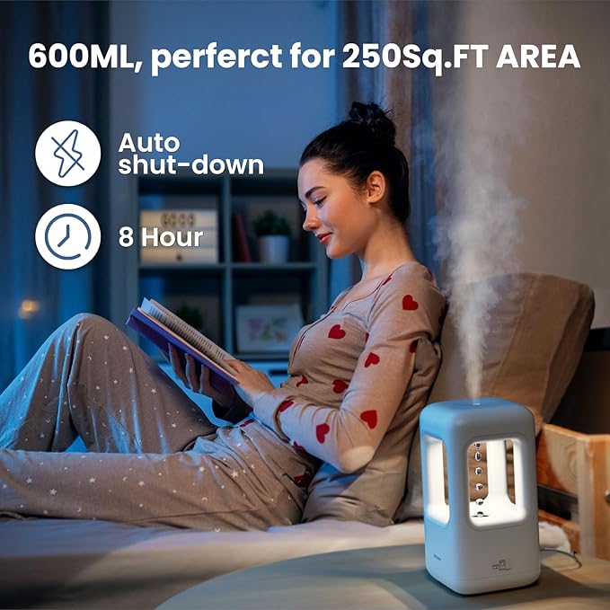 600ml Small Humidifier White - with Anti Gravity Water Flow Visual Effect, Provides Even Humidity for Indoor Plants, Bedroom & Desk, Quiet Portable Operation