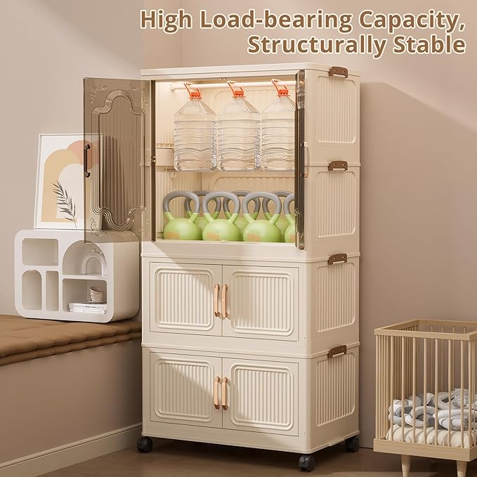 Collapsible Foldable Stackable Storage Bins with Lids on Wheels, Heavy Duty Large Plastic Wardrobe Closet Organizer Cube, Rolling Clothes Storage Container for Sweaters Blankets, Two Clear Cabinet